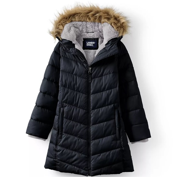 Size S 7/8 kids Lands' End Kids blackPuffer Jacket with Faux Fur Trim